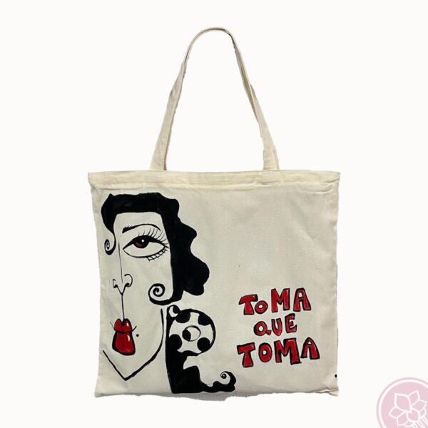 Bolso de tela crudo con frase pintado por la artista sevillana Carmen Encinas para Hispania Flamenco. Este es perfecto para tus clases de baile.