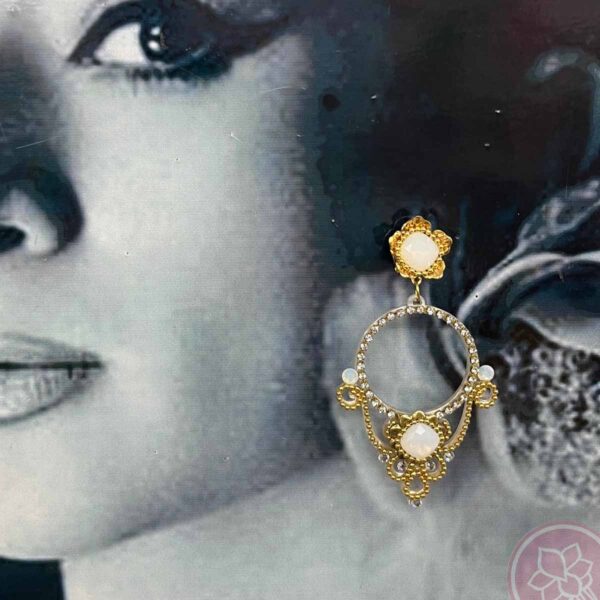 Pendientes color nacar en forma de aro con brillantitos, la base es de acetarto de la casa sevillana Carvajal. Cierre omega. Complementos únicos realizados artesanalmente, perfectos tanto para eventos especiales como para flamenca. Las lagrimas se pueden pedir del color que se quiera. CONSULTENOS