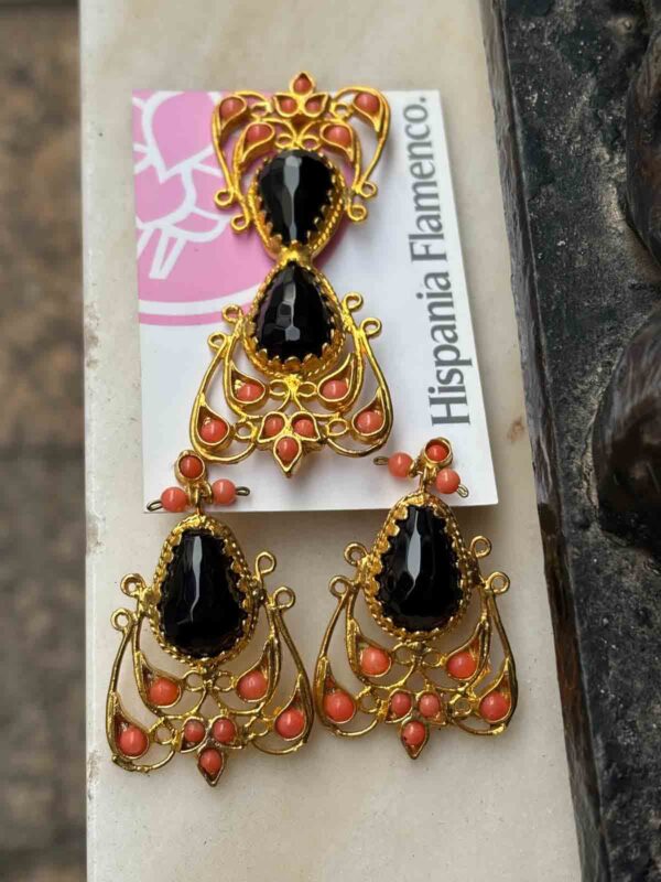 Pendientes y broche de cobre chapado en oro 22 kilates Hispania Flamenco